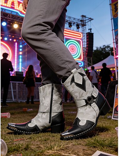  Bottes western pour hommes en cuir véritable, avec un motif drapeau américain audacieux pour festival de musique