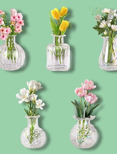  5er-Pack niedliche Mini-Vasenmagnete für den Kühlschrank, winzige Glasvasen mit Blumen, magnetische Kühlschrankdekoration für Küche, Büro und Spind