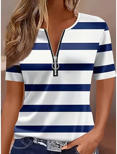 Femmes T-shirt Fermeture éclair Quart de zip Graphique Géométrique Bloc de Couleur Tropical Hawaïen Élégant Manche Courte Col ras du cou Hauts Réguliers Mariage à la plage Quotidien Sports Bleu Noir