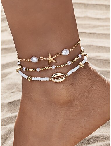  Dames enkelbandjes in veelkleurige bohemian stijl van hars en legering, met parel- en schelpdesign, perfect voor vakantie of casual dagelijks gebruik.