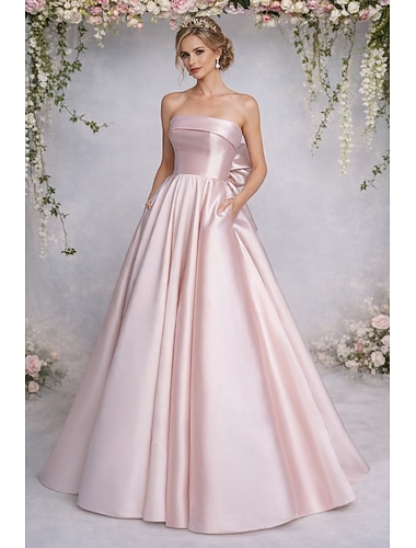  Ligne A Longueur au sol Robes de Bal Élégant Minimaliste Sans manches Sans bretelles Bal de promo robe demoiselle d honneur Satin avec Plis