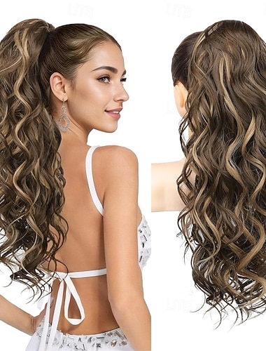  24 Zoll lange, lockige Haarverlängerung mit Haarspange, natürliches Kunsthaar, schokoladenbraun mit Highlights, 24 Zoll, für Damen im Alltag.