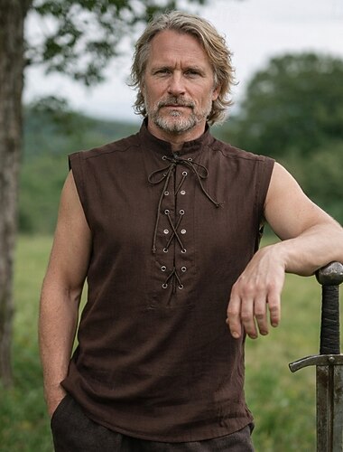  Mittelalterlich Renaissance Hemd Ärmellos Pirat Wikinger Ranger Kostüm Herren Vikinger Seeräuber Fantasie Halloween Karneval Renaissance-Messe LARP Erwachsene Hemd Ganzjahres