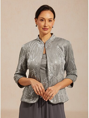  Mulheres Blusa Tops elegantes Conjunto de gêmeos Paetês Pena Elegante Manga 3/4 Colarinho Mandarim Tops regulares Festa de Noite Traje formal Cinzento Primavera Outono Inverno