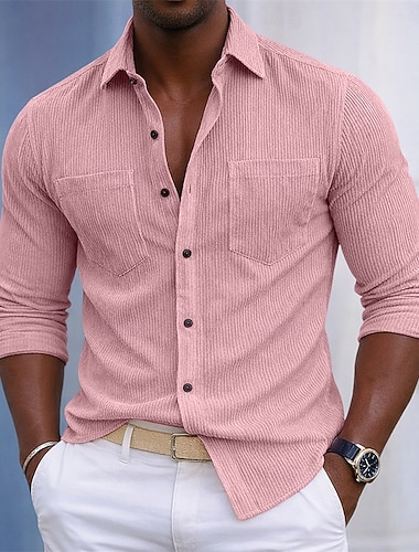  男性用 シャツ スタイル カジュアルシャツ ワークシャツ コーデュロイシャツ ピンク ブルー パープル ブラウン グリーン 長袖 平織り シャツカラー カジュアル 日常 フロントポケット 衣類 エレガント ファッション カジュアル