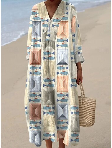  Per donna Abito maxi Vestito Estivo Abito a Tubino Vacanza Casual Spiaggia Uscire Vestibilità comoda Grafico Geometrico Astratto Manica Lunga Scollo a V Marrone Cachi Estate Primavera