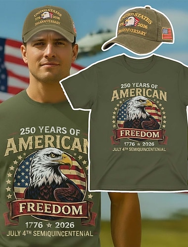  Amerikansk t-skjorte og baseballcapssett til 250-årsjubileum - t-skjorte med USA-flagg og ørngrafikk 1776-2026, patriotisk for menn og voksne til uavhengighetsdagen