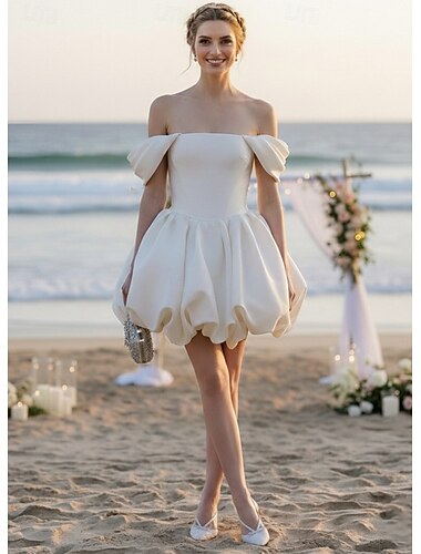  De Baile Curto Mini Vestido branco Vestidinho branco Elegante Sem Manga Ombro a Ombro Casamento Cetim com Cor Única