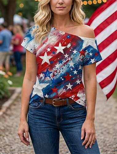  250. rocznica USA Retro / vintage Lata 80 Koszulkowy Na jedno ramię Krótkie rękawy Strój na bal maskowy Damskie 4 lipca Dzień Niepodległości Dla dorosłych podkoszulek