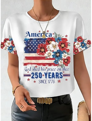  Onafhankelijkheidsdag Amerikaanse Jubileum Patriottische Dames T-shirt Print Grafisch Letter Amerikaanse Vlag Vintage Stijlvol Klassiek Korte Mouw Crew Neck Reguliere Tops Dagelijks Blauw As Zwart