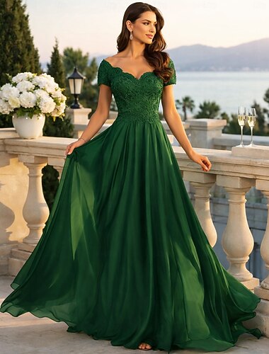  A-Linie Bodenlang Hochzeitsgastkleid Formelle Kleider Abendkleid Brautmutterkleid Kurzarm Herzausschnitt Elegantes Formelles Hochzeitsgast mit Falten