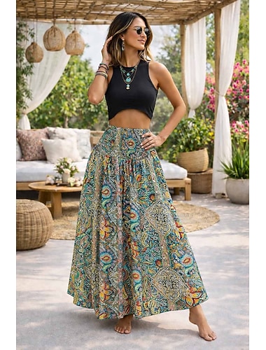  Damen A-Linie Maxiröcke Print Farbverlauf Urlaub Sommer Boho Schwarz Rosa Blau Orange