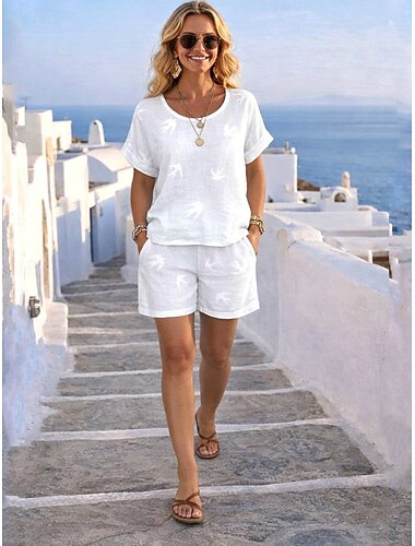  Conjuntos de pantalones cortos de lino femenino como algodón falso top bolero manga corta cuello redondo color sólido moda streetwear casual diario exterior blanco verano ajuste holgado