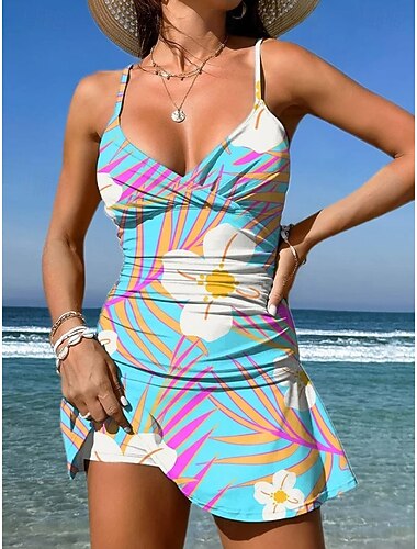  Dames Zwemkleding Een stukje Rok Zwempak Elegant Vakantie Bloemig Grafisch V-hals Mouwloos Badpakken