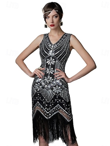 Rugido 20s 1920s Hasta la Rodilla Vestidos Vestido Flapper Accesorios Sin Mangas El gran Gatsby charlestón Tallas Grandes Borlas Pluma Escote en Pico Disfraz Mujer Carnaval Año Nuevo Mascarada Fiesta