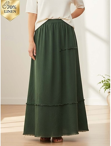  70 % Leinenanteil, Damen-Leinenröcke, Baumwoll-Leinen-Röcke, lässige Maxiröcke mit mittelhohem Bund, schlicht, mit Tasche, ohne Gummizug, für Alltag, Urlaub, schwarz, grün, Herbst