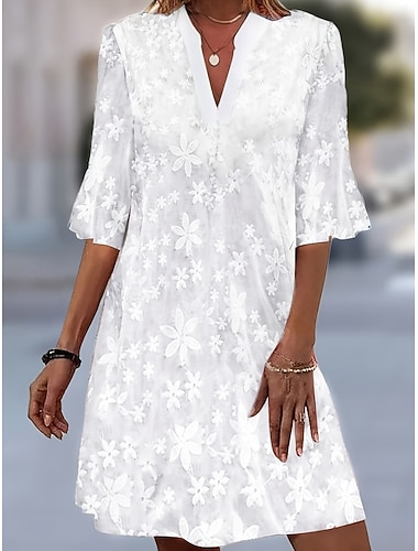  Damen Minikleid Spitzenkleid Weißes Kleid Elegant Mode Modern Outdoor Urlaub Ausgehen Normale Passform Blumen Blume Halbarm V Ausschnitt Weiß Sommer Frühling