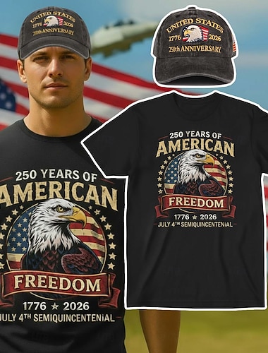  Amerikansk t-skjorte og baseballcapssett til 250-årsjubileum - t-skjorte med USA-flagg og ørngrafikk 1776-2026, patriotisk for menn og voksne til uavhengighetsdagen