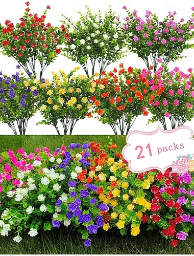  21 Bündel künstliche Outdoor-Pflanzen, UV-beständige künstliche Sträucher, künstliche Kunststoffblumen, künstliche Outdoor-Pflanzen für die Heim- und Gartendekoration (7 Farben)