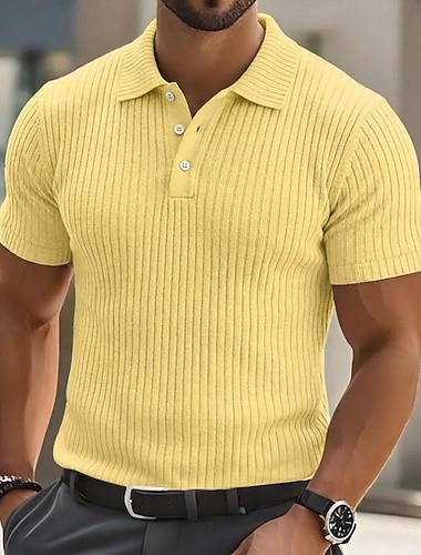  Per uomo Top a Maglia a Coste Testurizzato Casuale Lavoro Bavero Colletto Polo a Coste Manica Corta Essenziale Moderno Blocco di colori Bottoni Lavorato a maglia Estate Primavera Primavera & Estate