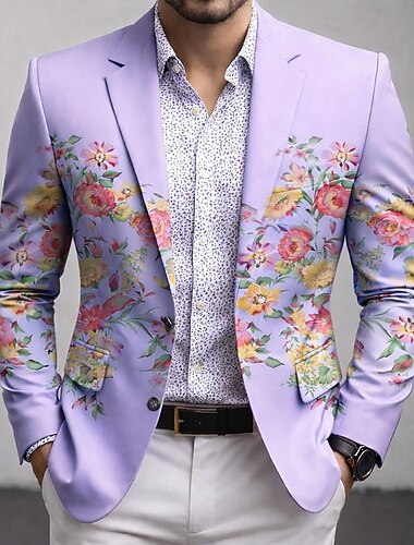  Herren Blumendruck Blazerjacke Mantel Bequem Atmungsaktiv Künstlerisch Lässig Täglich Formell Party-Abendmode 3D-Druck Knöpfe Mehrere Taschen Frühling Herbst Winter Fallendes Revers Langarm Blau