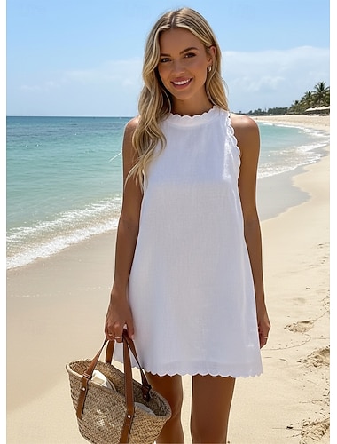  Damen Minikleid Weißes Kleid Abschlusskleid Baumwoll-Leinenkleid Sommerkleid Basic Lässig Täglich Urlaub Date Normale Passform Einfach Ärmellos Rundhalsausschnitt Blau Schwarz Weiß Rosa Sommer