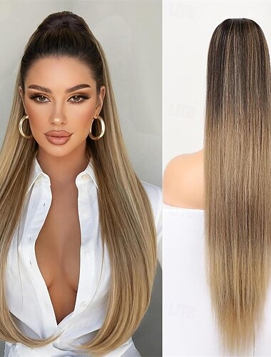  Przedłużanie kucyka ściągaczem, długie proste kucyki, naturalne miękkie spinki do włosów dla kobiet, syntetyczne doczepiane włosy, ombre, czarny, mix, blond
