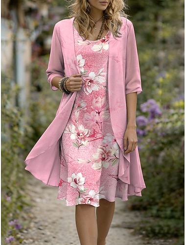  Damen Kleid-Set A Linie Kleid Elegant Urlaub Blumen Grafik Geschichtet Druck Midikleid Halbarm Rundhalsausschnitt Täglich Blau Rosa Purpur Sommer Frühling Normale Passform