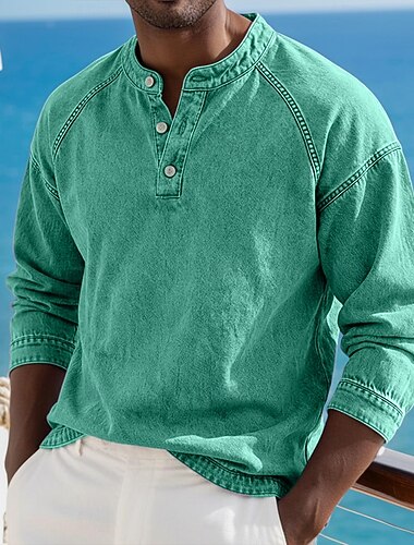 Koszulka SoftFade™ Męska T-Shirt Henley Koszula 100% Bawełna Pranej Koszuli T-Shirt Koszula Długi Rękaw Gładka Solidna Vintage Streetwear Ubranie Barwione Wyblakłe Gładki Stojący Kołnierz Henley