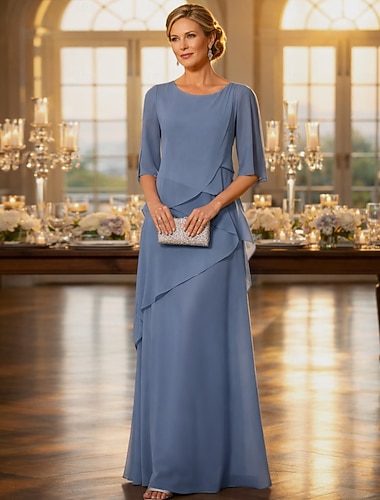  Ligne A Longueur au sol Robe d'invité de mariage Robe de Cérémonie Robe à Volants Robe de Mère de Mariée  Demi Manches Bijoux Élégant ancien Simple Formel Chiffon avec Volants Volants en Cascade