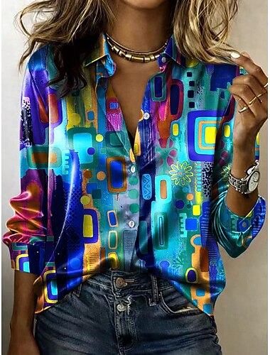  Dames Overhemd Grafisch Geometrisch Bohemen Vintage Stijlvol Lange mouw Overhemdkraag Normale tops Dagelijks Feestdagen blauw Blozend Roze Paars Zomer Lente