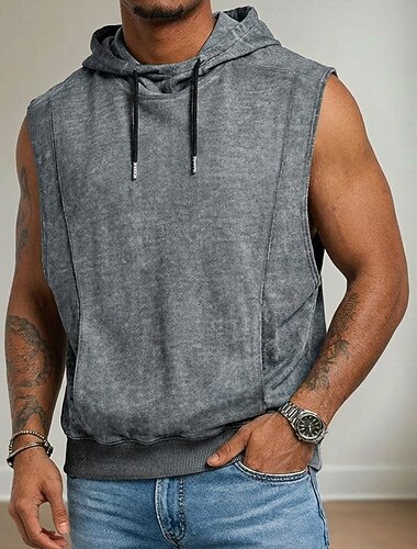  Homme Débardeur Sweat à capuche sans manches Sans manches À capuche Été Printemps Toutes saisons ancien Occasionnel Cordon de serrage Teinture en vêtement Occasionnel Tenues de Sport Noir bleu marine