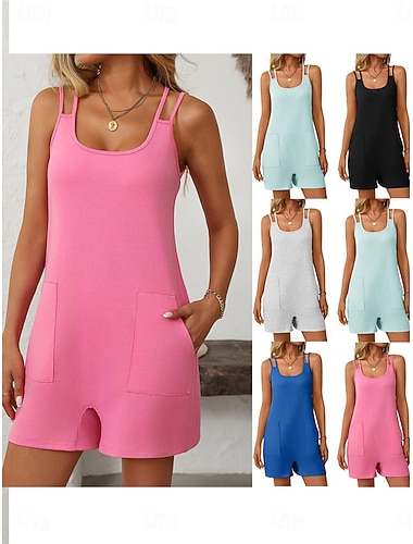  Damen Normal Strampler Elegant Einfarbig Ärmellos U-Ausschnitt Patchwork Rückenfrei Täglich Heim Lässiger Schnitt Blau Schwarz Rosa Sommer