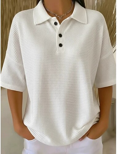  Dames Wafel Shirt Effen Kleur Elegant Actief Vakantie Halve mouw V-hals Lange tops Dagelijks Buiten Streetwear Wit Rood Hemelsblauw Oranje Zwart Zomer Lente Herfst