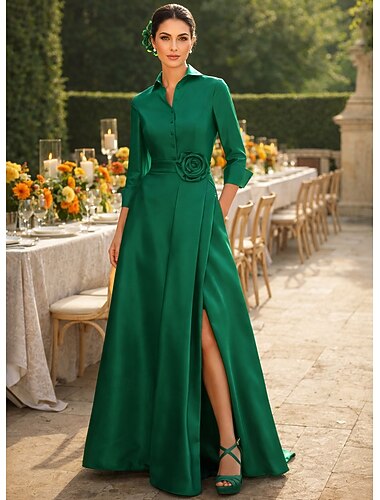 A-Linie Bodenlang Hemdblusenkleid Kleid für Hochzeitsgäste Abendkleid Brautmutterkleid Dreiviertelarm Hemdkragen Elegant Hochzeit Formell Taft Stretch Satin mit Schlitz
