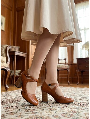  Pantofi cu toc retro vișini pentru femei, în stil anii 1950 - pantofi eleganti Mary Jane cu vârfuri laterale și toc gros bloc cu aspect de lemn, pentru petreceri vintage, evenimente rockabilly &ținute