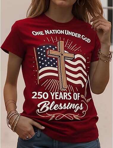  Día de la Independencia Aniversario Americano Camiseta Patriótica de Mujer Impresión Gráfica Bandera Americana Vintage Elegante Clásico Manga Corta Cuello Redondo Cuello Regular Tops Diarios Fin de
