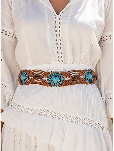  Bohemsk vokssnorbelte for kvinner med turkise steiner, justerbart flettet midjebelte, flerfarget tilbehør i vintagestil for kvinner, perfekt for hverdagsbruk, ferie, strand og resortbruk