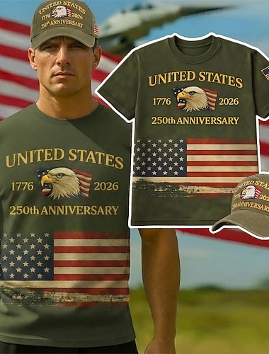  Amerikansk t-skjorte og baseballcapssett til 250-årsjubileum - t-skjorte med USA-flagg og ørngrafikk 1776-2026, patriotisk for menn og voksne til uavhengighetsdagen