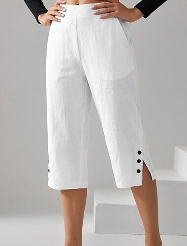  Dames Capri broeken Imitatie katoenlinnen Chinese Korte broek Vakantie Streetwear Casual Knielengte Middelhoge taille Effen Zak Elastische taille Ademend Inelastisch Dagelijks Buiten Straat Zwart Wit
