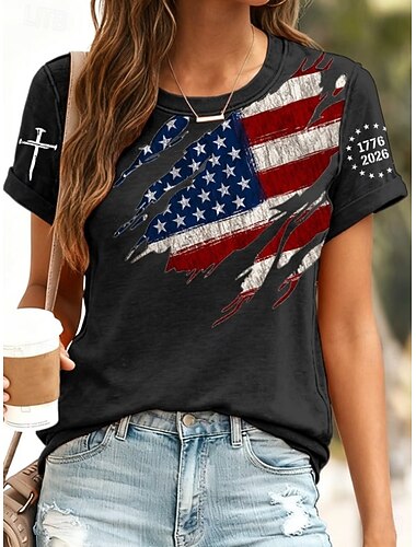  Onafhankelijkheidsdag Patriottische Dames T-shirt Print Grafisch Letter Amerikaanse Vlag Vintage Stijlvol Klassiek Korte Mouwen Crew Neck Regulair Tops Dagelijks Blauw As Zwart Wit Rood Zomer Lente