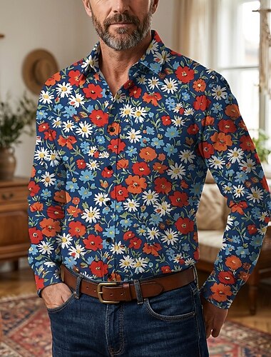  Retro Vintage Anos 70 Camisa Camisa Aloha Manga Comprida Hippie Floral Fantasia Homens Baile de Máscaras Festival de Música Festa Roupa Diária Adulto Camisa