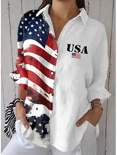  Giorno dell'Indipendenza Americana Per donna Camicia Arricciato Floreale Grafico Bandiera Vintage Elegante Manica Lunga Manica a Volant Manica a Campana Colletto a Camicia Top Regolari Quotidiano