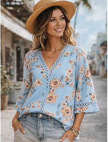  Damen Bluse Spitze Patchwork Blumen Bohemien Vintage Lässig Dreiviertelarm V Ausschnitt Normale Oberteile Täglich Ferien Blau Schwarz Weiß Rosa Rote Sommer Frühling Herbst