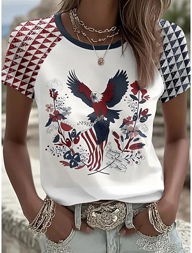  Amerikanischer Unabhängigkeitstag Damen T Shirt Druck Grafik Nationalflagge Vintage Stilvoll Klassisch Kurzarm Rundhalsausschnitt Lange Oberteile Täglich Weiß Sommer Frühling