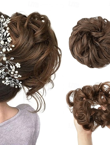  1 pieza de moño desordenado, coleteros para mujer, extensiones de cabello sintético, moño rizado ondulado, recogido grueso y despeinado (castaño claro).