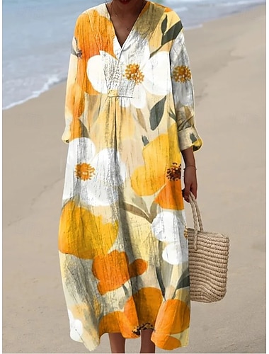  Dam Maxiklänning Skiftklänning Semester Ledigt Utekväll Lös passning Blommig Grafisk Långärmad V-hals Blå Gul Orange Ljusblå-vit Sommar Vår