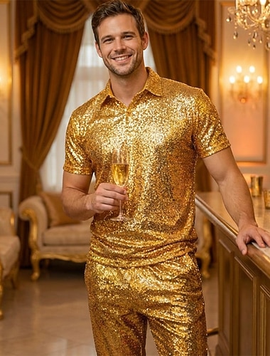  Retro Vintage Anos 70 Delírio Japonesa/Curta Polo Mangas curtas Discoteca Paetês Fantasia Homens Dia Das Bruxas Carnaval Festival de Música Parada do Orgulho Mês do Orgulho Adulto Camiseta Primavera