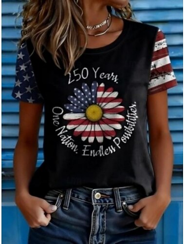  Amerikansk uafhængighedsdag Dame T-shirt Trykt mønster Grafisk Amerikansk flag Årgang Stilfuld Klassisk Kortærmet Rund hals Lange toppe Daglig Weekend Blå Hvid / Blå Sort Sommer Forår Efterår