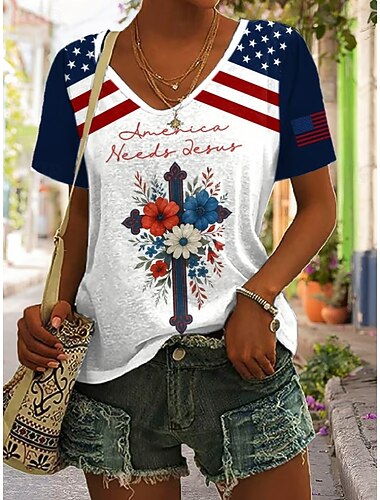  Maglietta Patriottica da Donna per il Giorno dell'Indipendenza Stampa Grafica Bandiera Vintage Elegante Classica Manica Corta Scollo a V Top Regolari Quotidiani Bianco Blu Reale Khaki Estate Primavera
